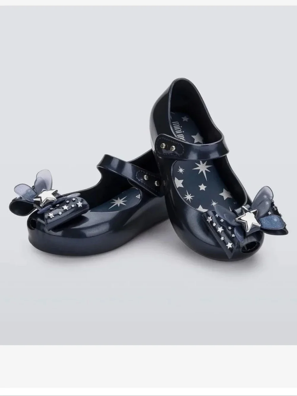 Mini Melissa Navy Star Bow Mary Jane Shoes with Silver Star Accent size 8